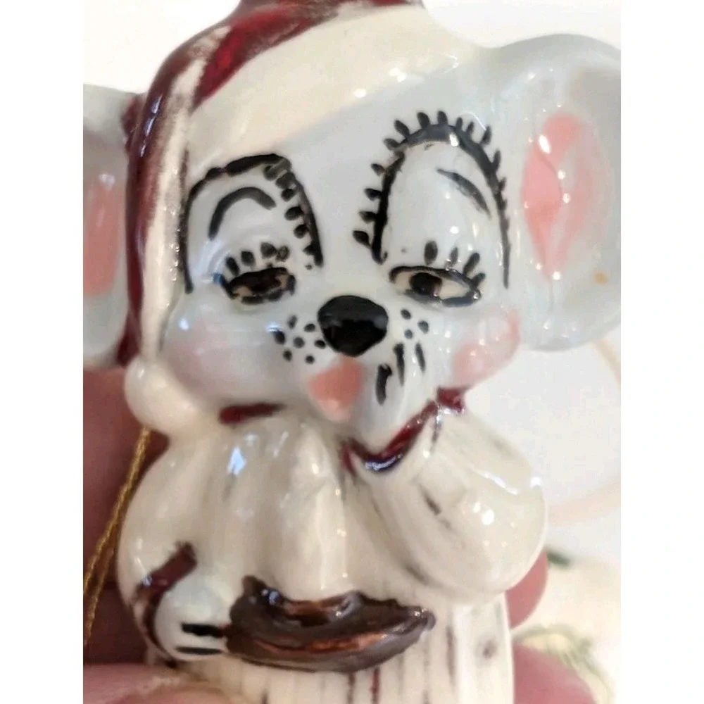 Mouse in Pajamas w Candle Hand Made Painted Ceramic Christmas Ornament Lot Of 2